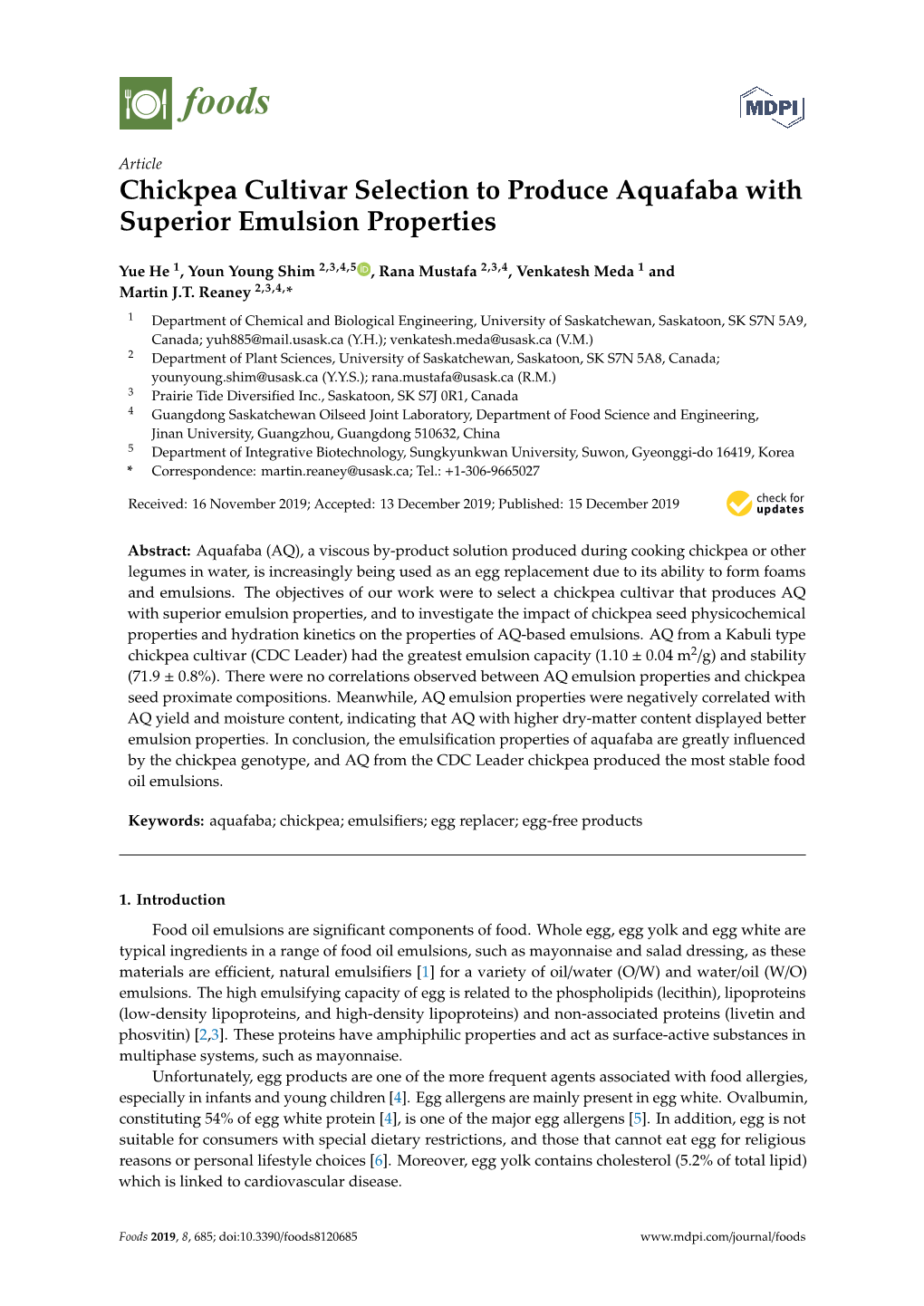 Chickpea Cultivar Selection to Produce Aquafaba with Superior Emulsion Properties