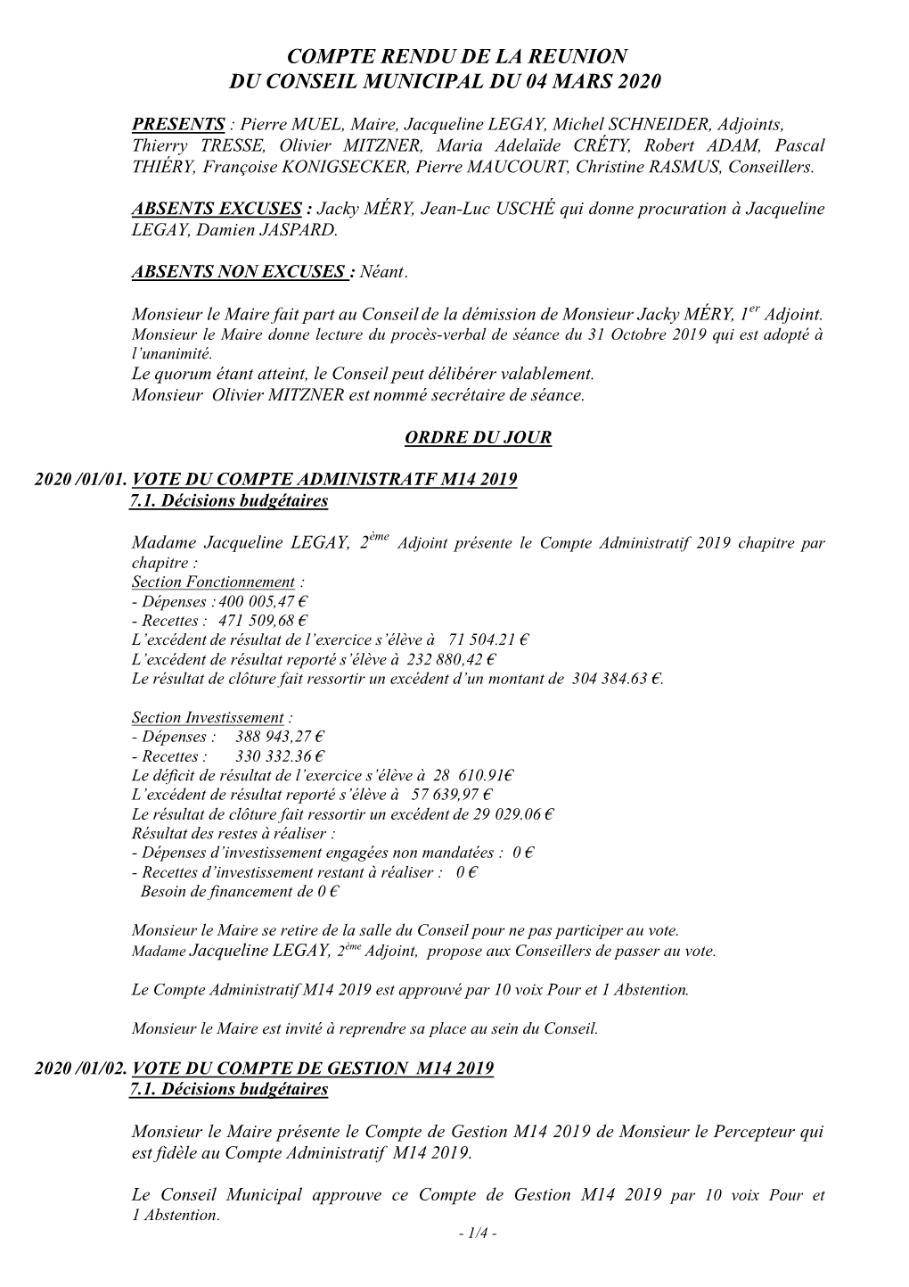 Compte Rendu De La Reunion Du Conseil Municipal Du 04 Mars 2020