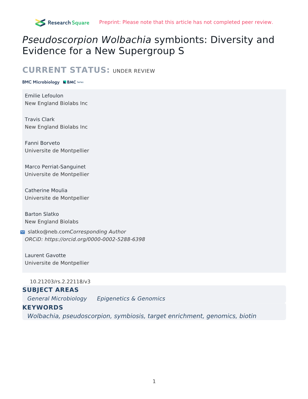 Pseudoscorpion Wolbachia Symbionts: Diversity and Evidence for a New Supergroup S