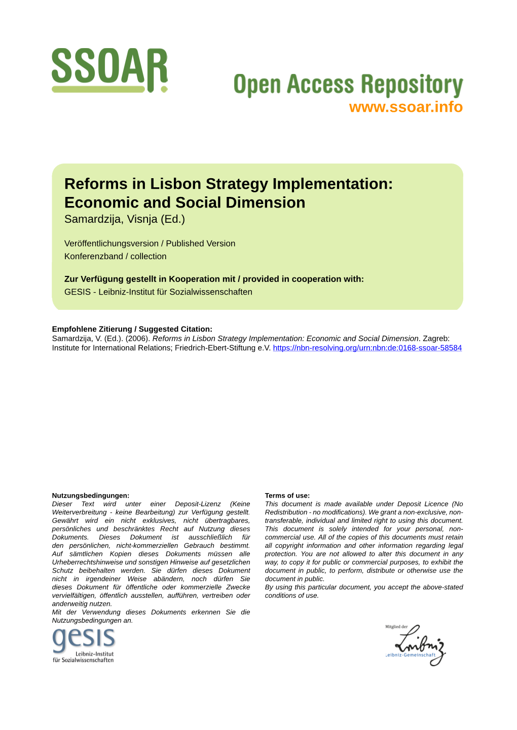 Reforms in Lisbon Strategy Implementation: Economic and Social Dimension Samardzija, Visnja (Ed.)