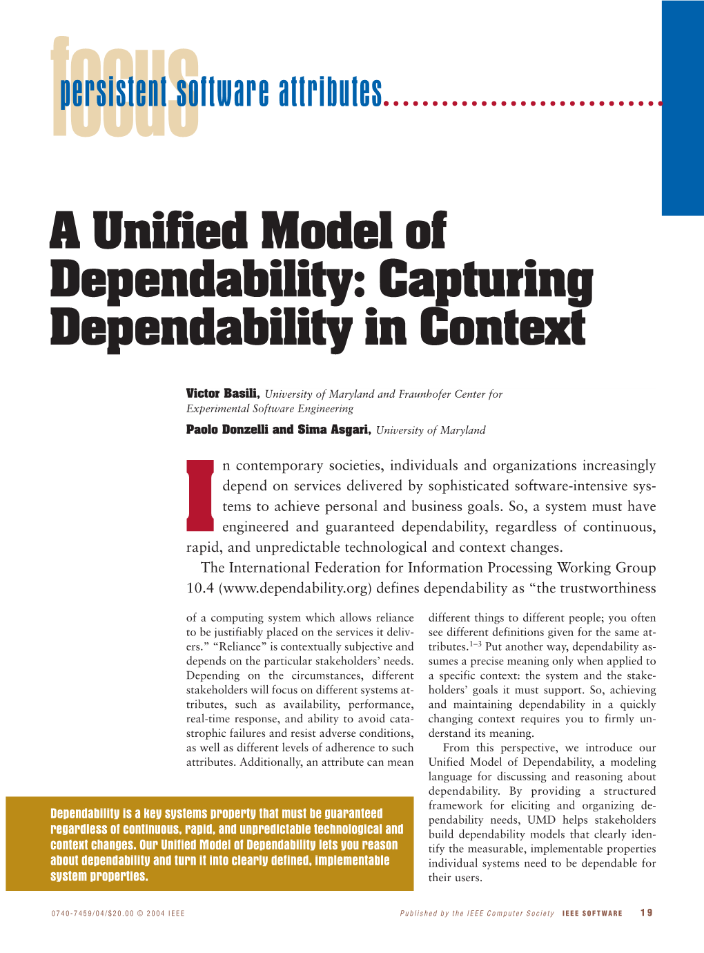 A Unified Model of Dependability: Capturing Dependability in Context