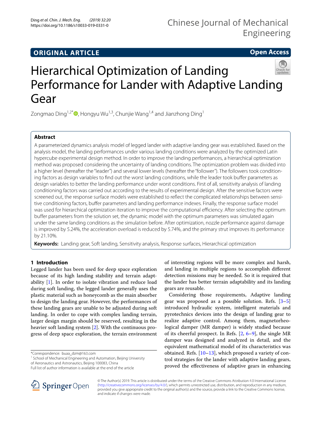 Hierarchical Optimization of Landing Performance for Lander with Adaptive Landing Gear Zongmao Ding1,2* , Hongyu Wu1,3, Chunjie Wang1,4 and Jianzhong Ding1