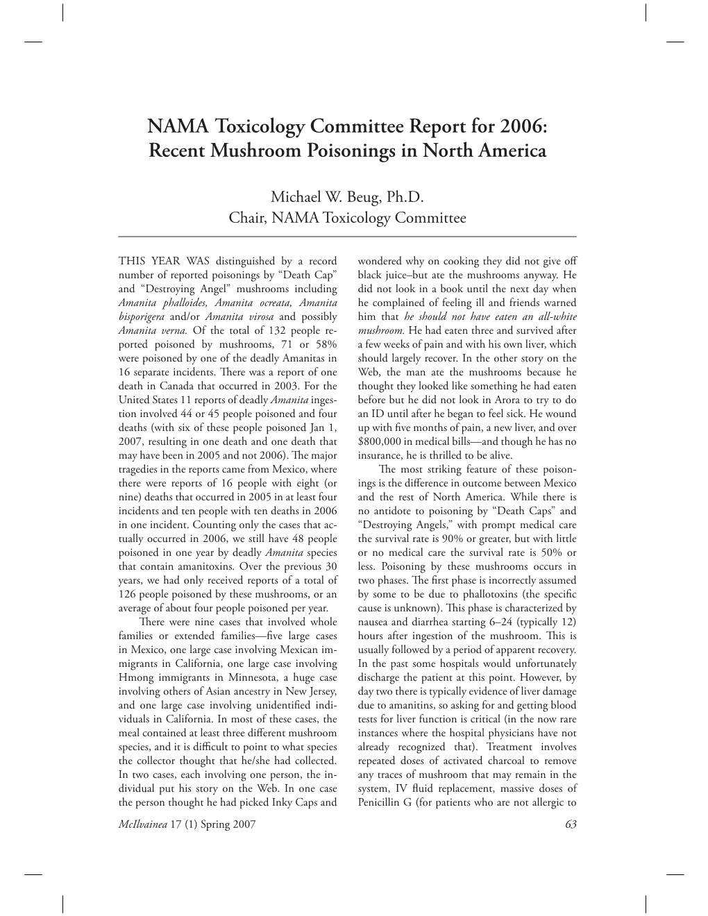 NAMA Toxicology Committee Report for 2006: Recent Mushroom Poisonings in North America