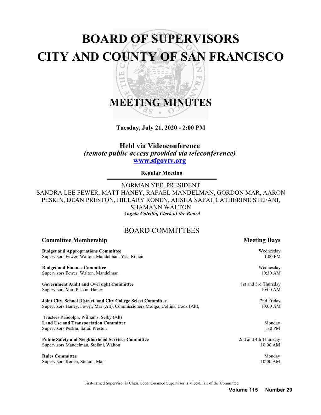 Board of Supervisors City and County of San Francisco