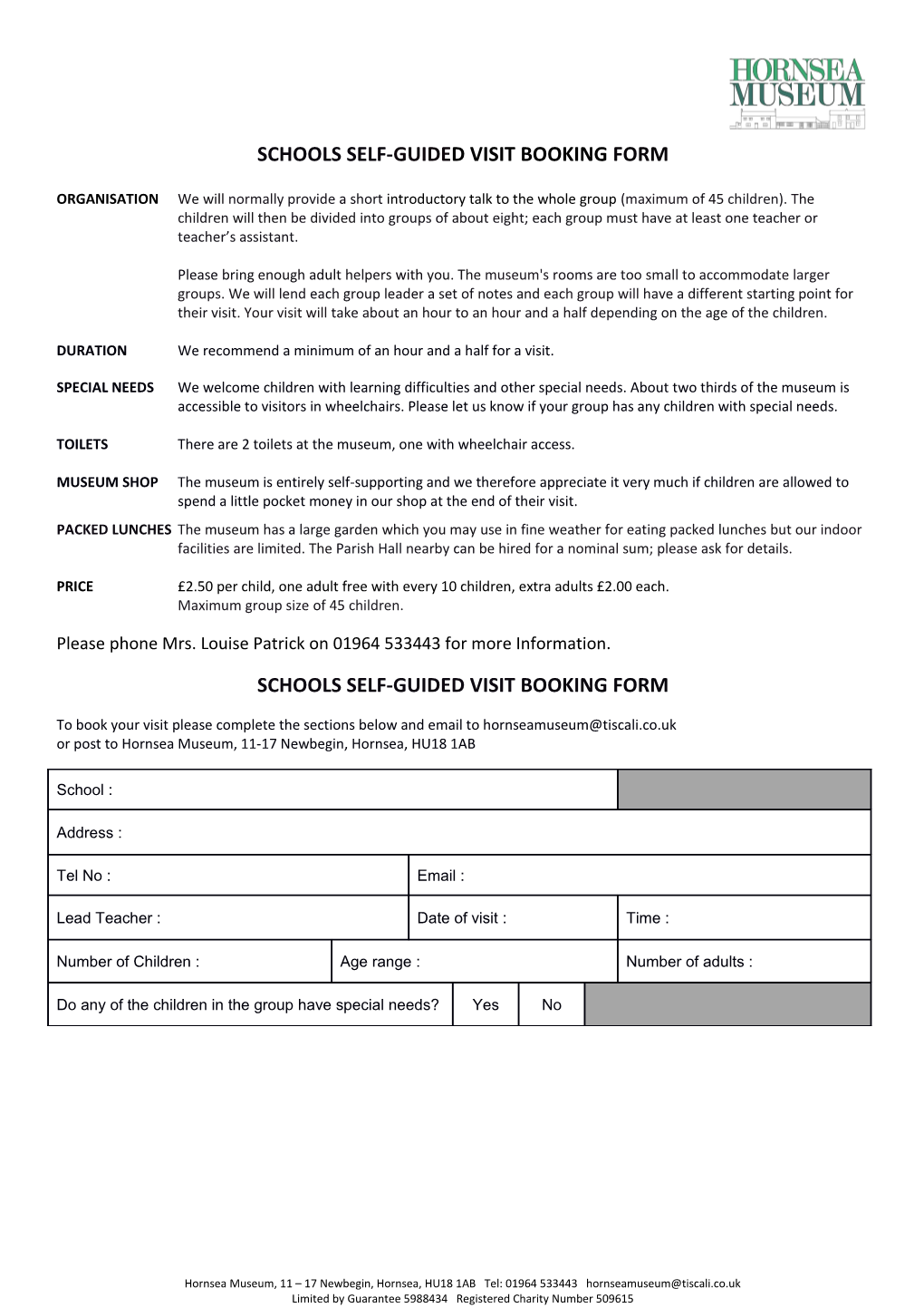 Schools Self-Guided Visit Booking Form