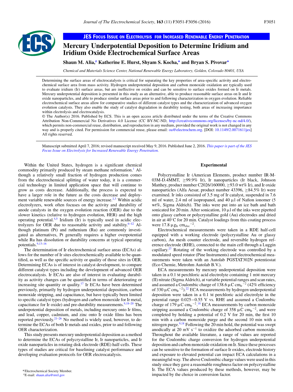 Mercury Underpotential Deposition to Determine Iridium and Iridium Oxide Electrochemical Surface Areas Shaun M