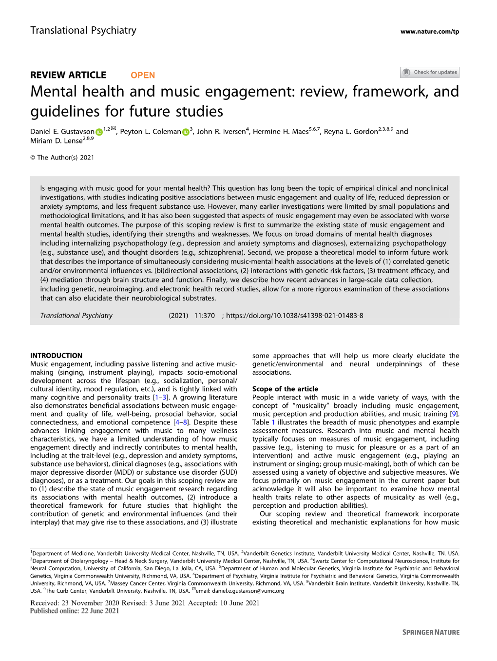 Mental Health and Music Engagement: Review, Framework, and Guidelines for Future Studies ✉ Daniel E