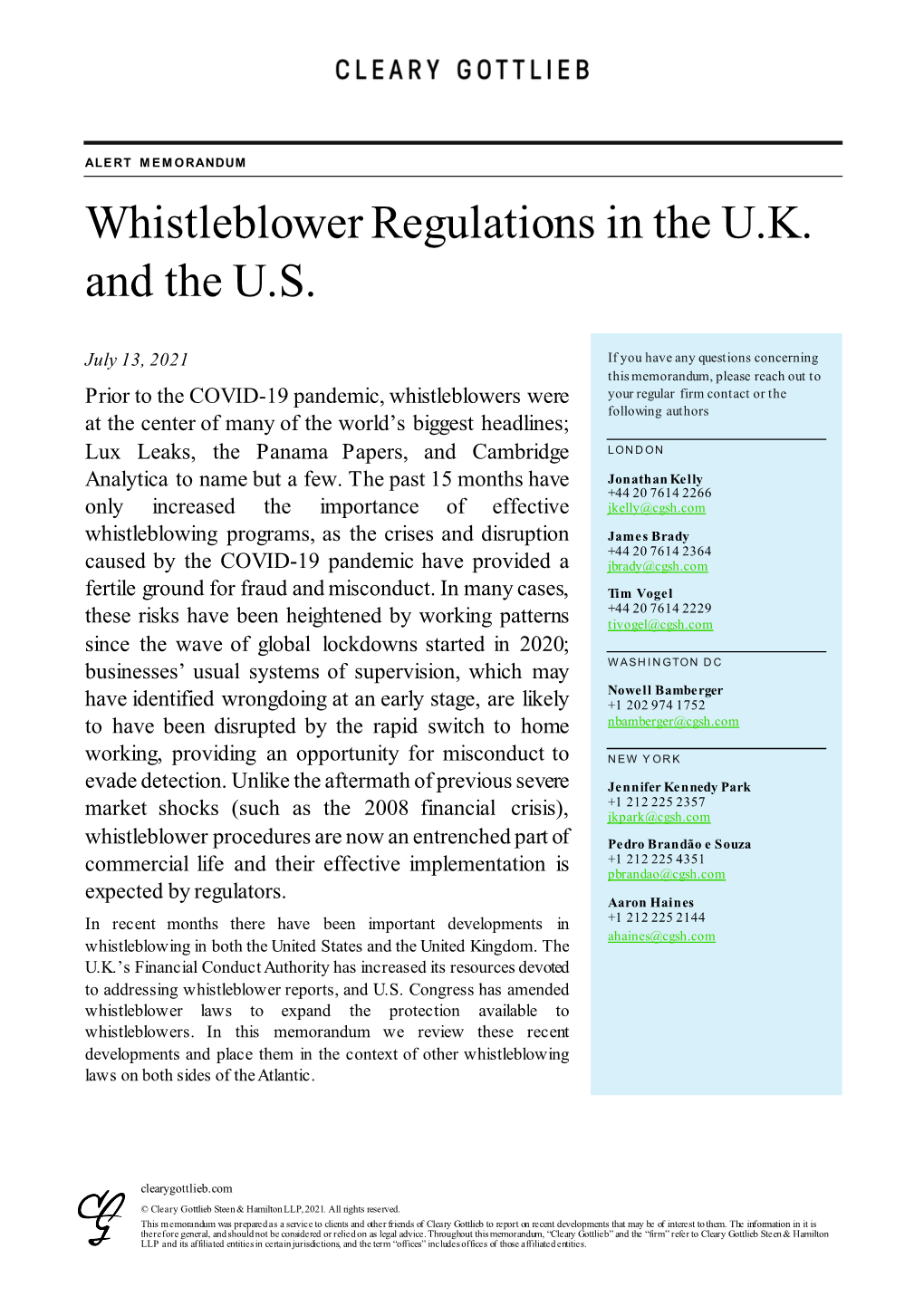 Whistleblower Regulations in the U.K. and the U.S