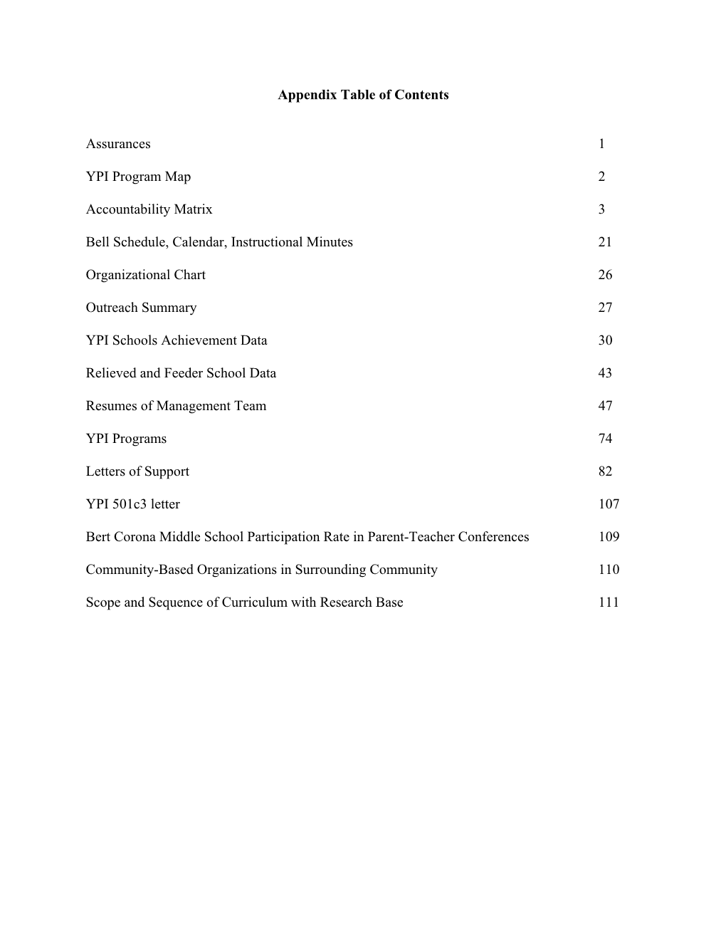 Appendix Table of Contents