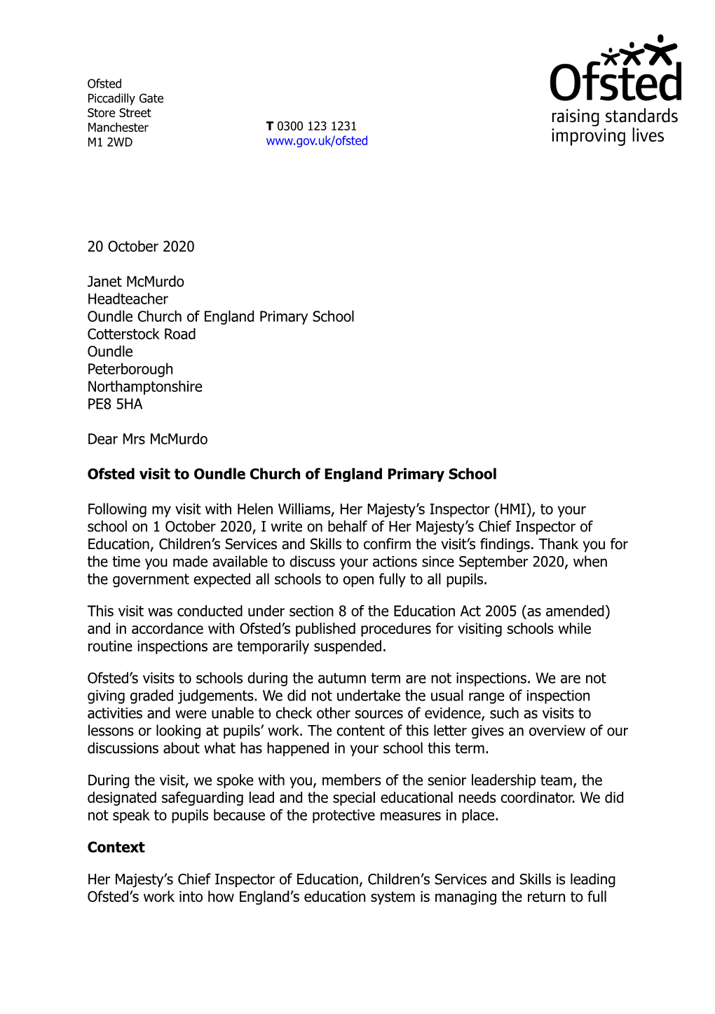 20 October 2020 Janet Mcmurdo Headteacher Oundle Church Of