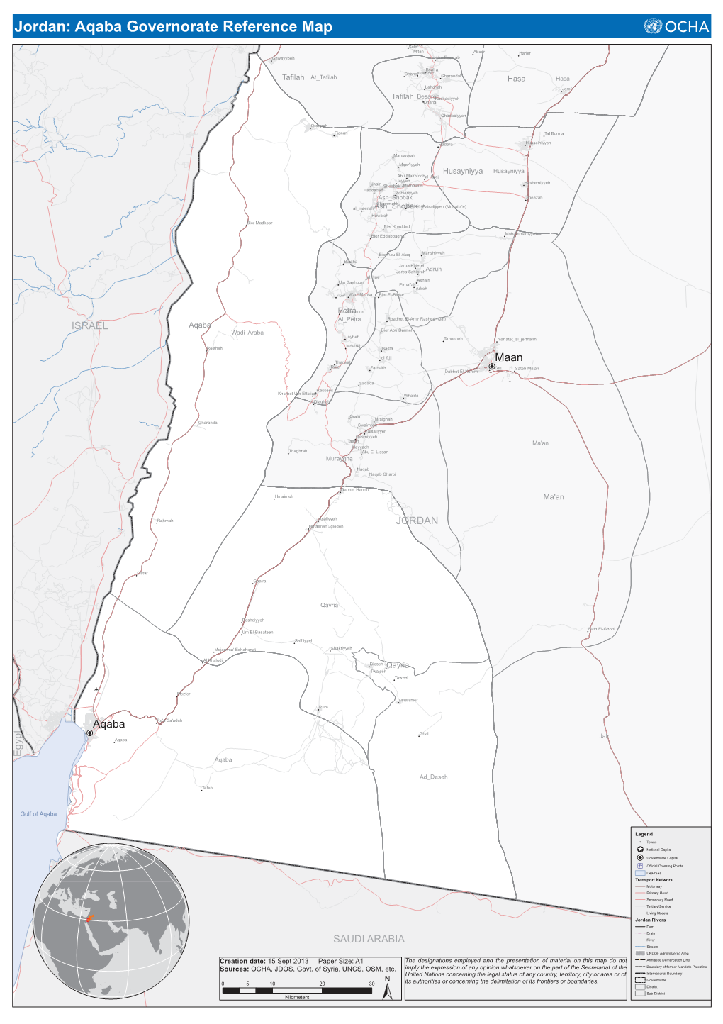 Jordan: Aqaba Governorate Reference Map Ain El-Baidha Sele' Mitan Aboor Harier Ghwayybeh Um Essarab
