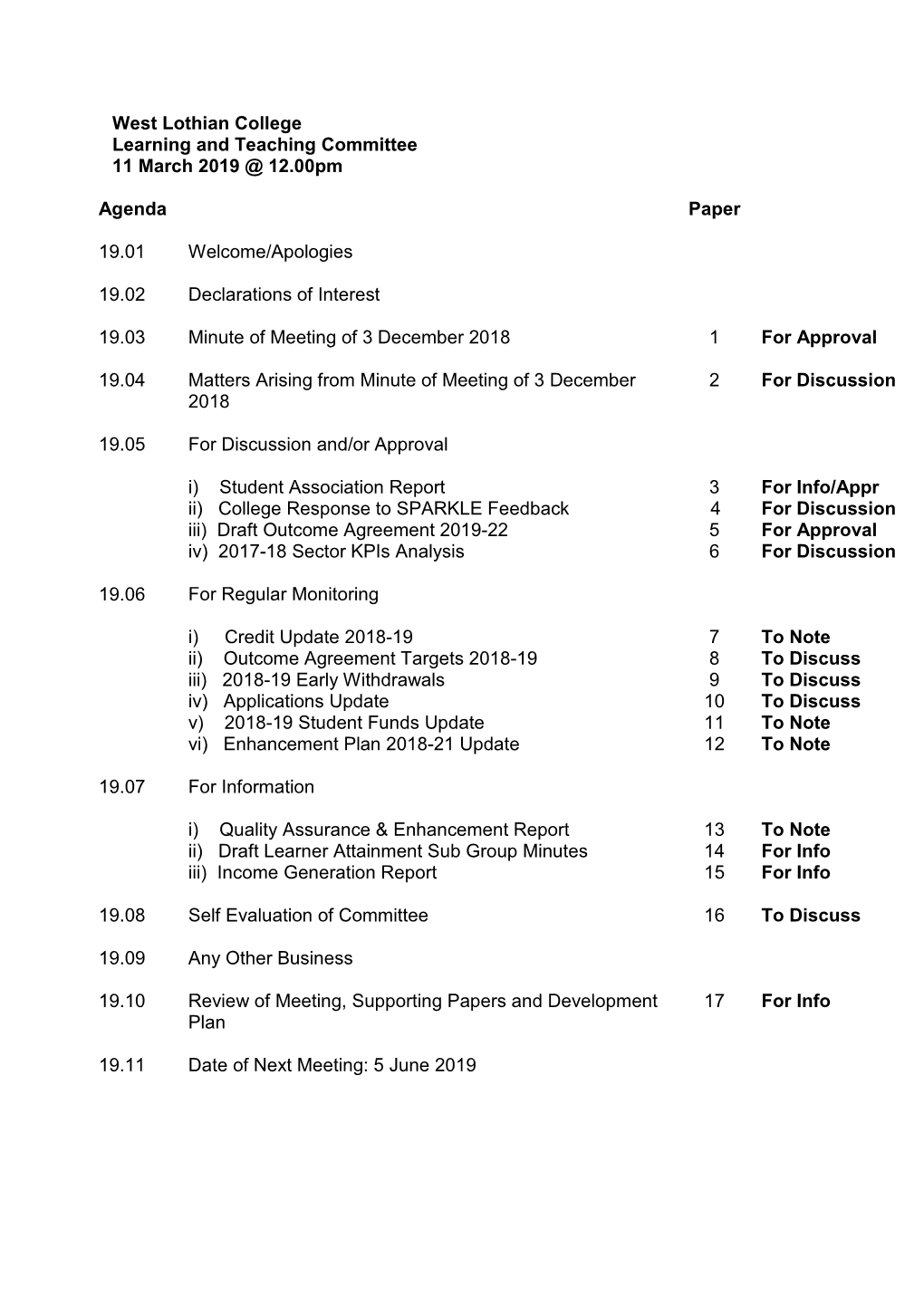 West Lothian College Learning and Teaching Committee 11 March 2019 @ 12.00Pm