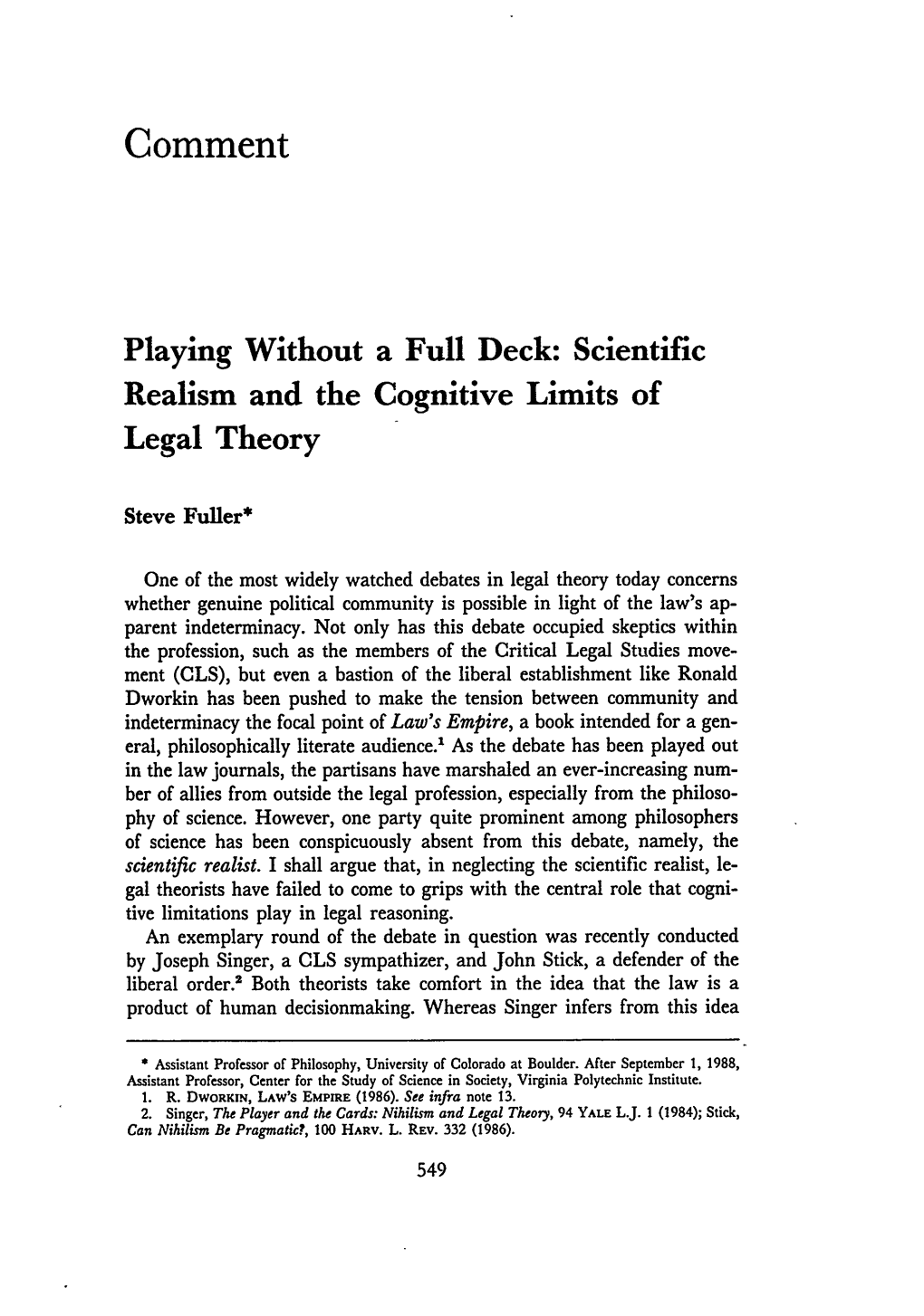 Playing Without a Full Deck: Scientific Realism and the Cognitive Limits of Legal Theory