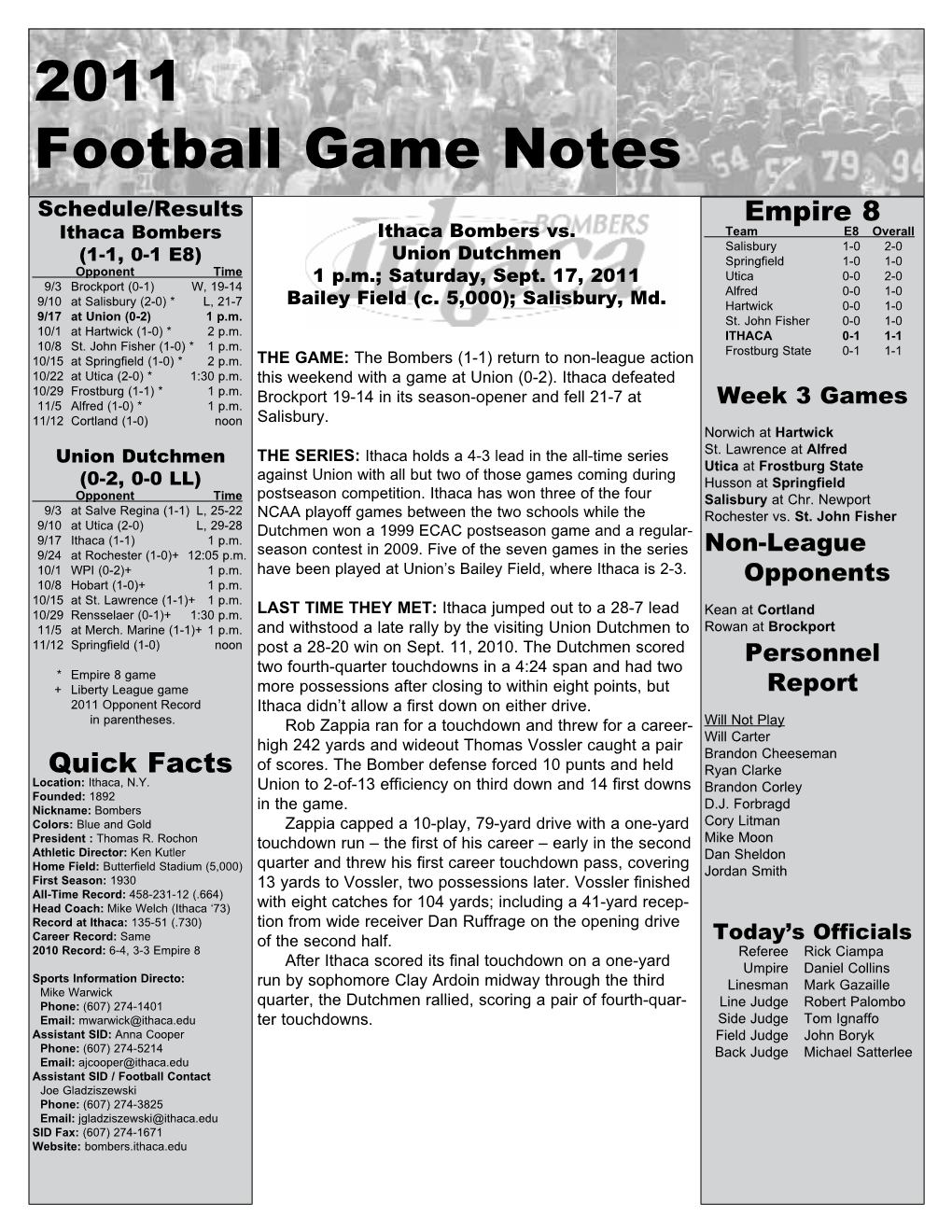 2011 Football Game Notes Schedule/Results Empire 8 Ithaca Bombers Ithaca Bombers Vs