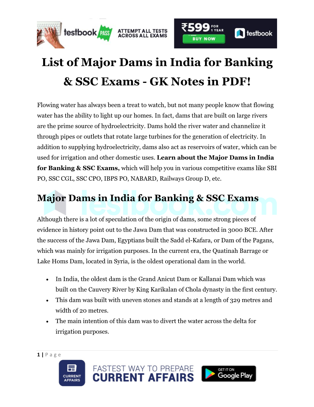 List of Major Dams in India for Banking & SSC Exams