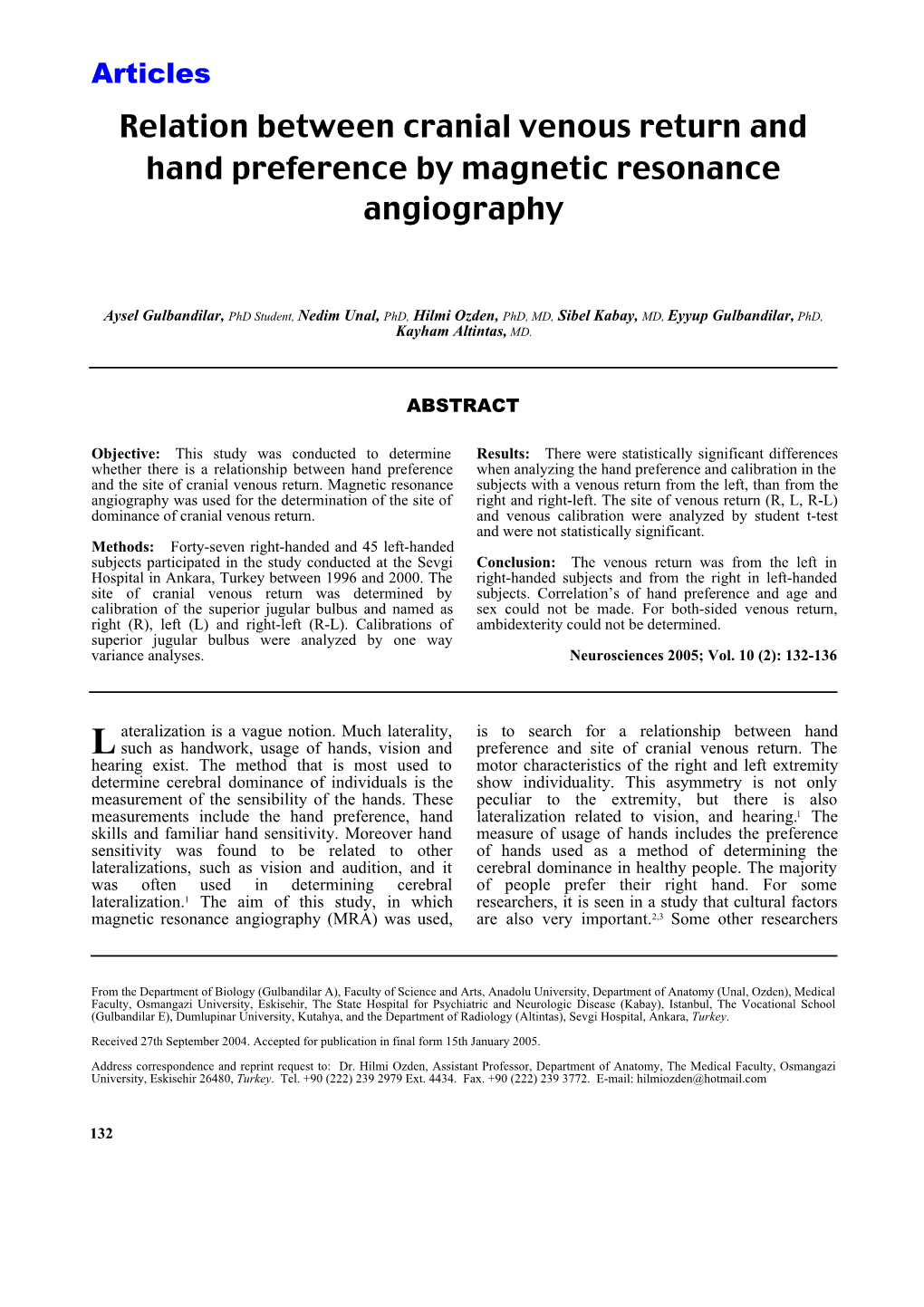 Relation Between Cranial Venous Return and Hand Preference By