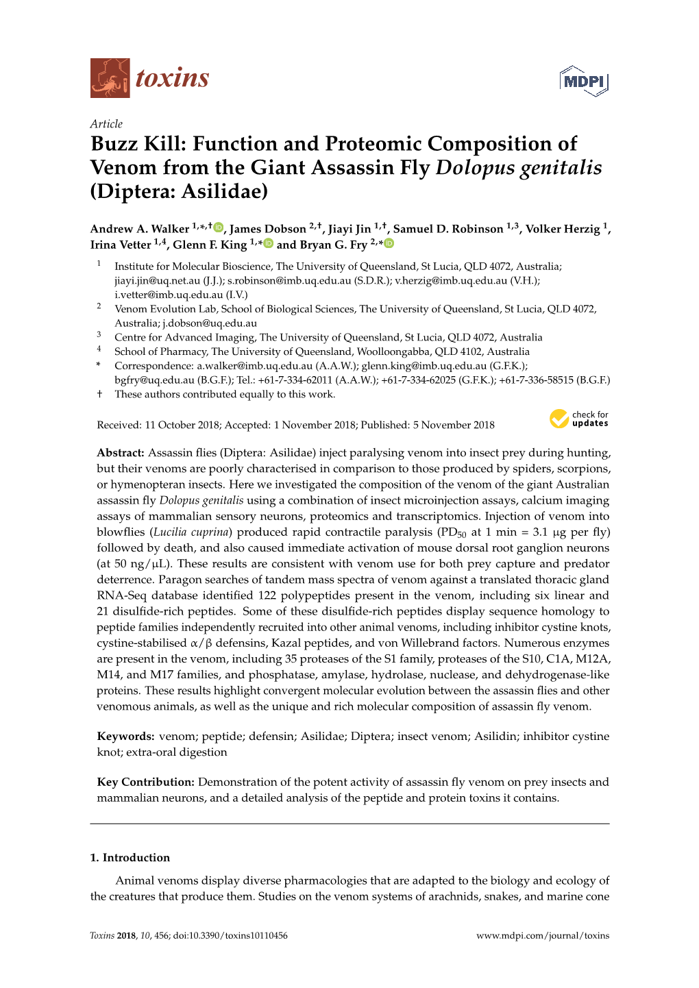 Buzz Kill: Function and Proteomic Composition of Venom from the Giant Assassin Fly Dolopus Genitalis (Diptera: Asilidae)