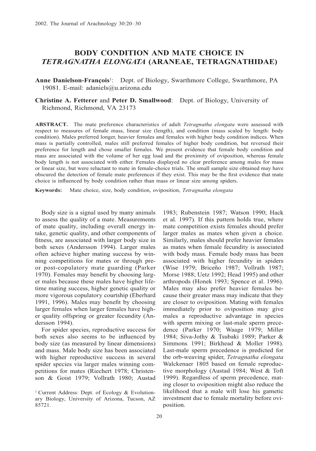 Body Condition and Mate Choice in Tetragnatha Elongata (Araneae, Tetragnathidae)