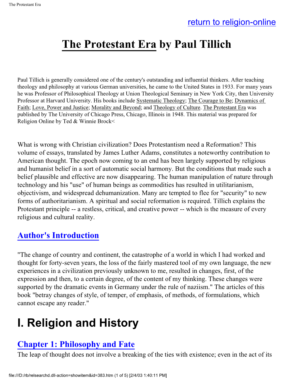 The Protestant Era by Paul Tillich