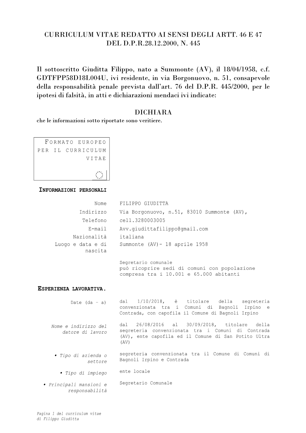 Curriculum Vitae Redatto Ai Sensi Degli Artt. 46 E 47 Del D.P.R.28.12.2000, N