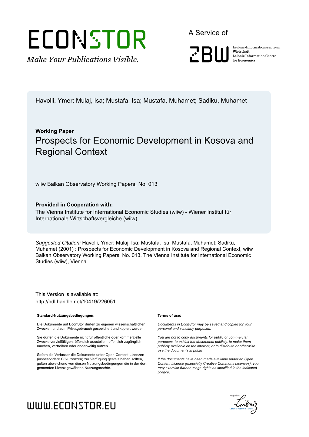 Prospects for Economic Development in Kosova and Regional Context
