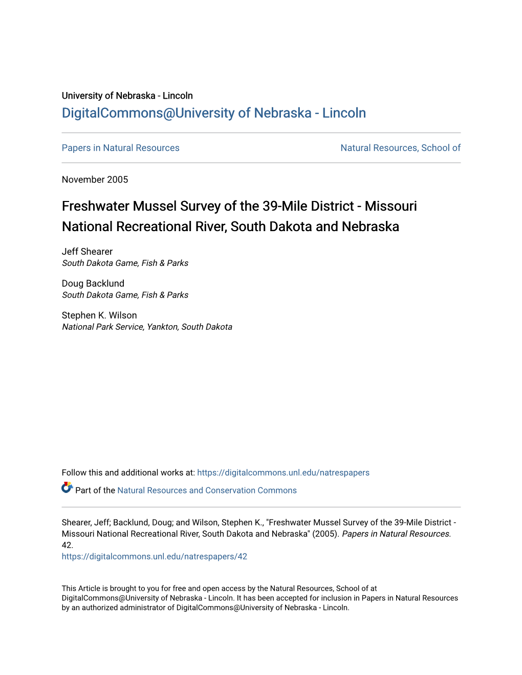 Freshwater Mussel Survey of the 39-Mile District - Missouri National Recreational River, South Dakota and Nebraska