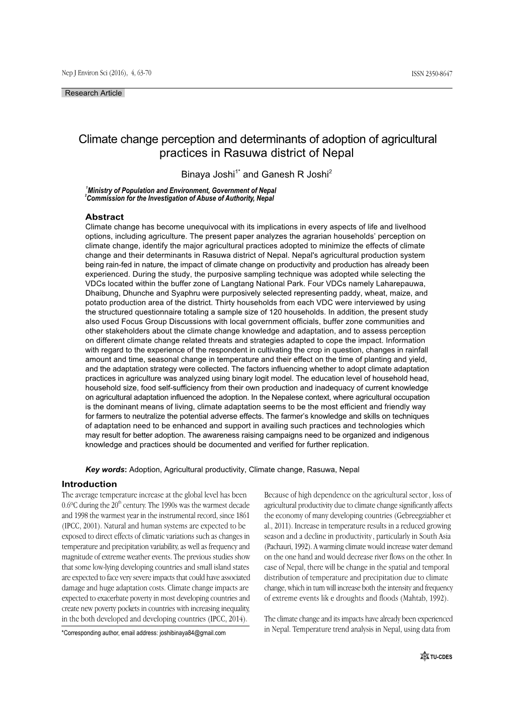 Climate Change Perception and Determinants of Adoption of Agricultural Practices in Rasuwa District of Nepal