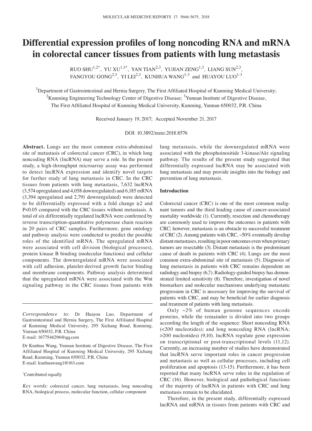 Differential Expression Profiles of Long Noncoding RNA and Mrna in Colorectal Cancer Tissues from Patients with Lung Metastasis