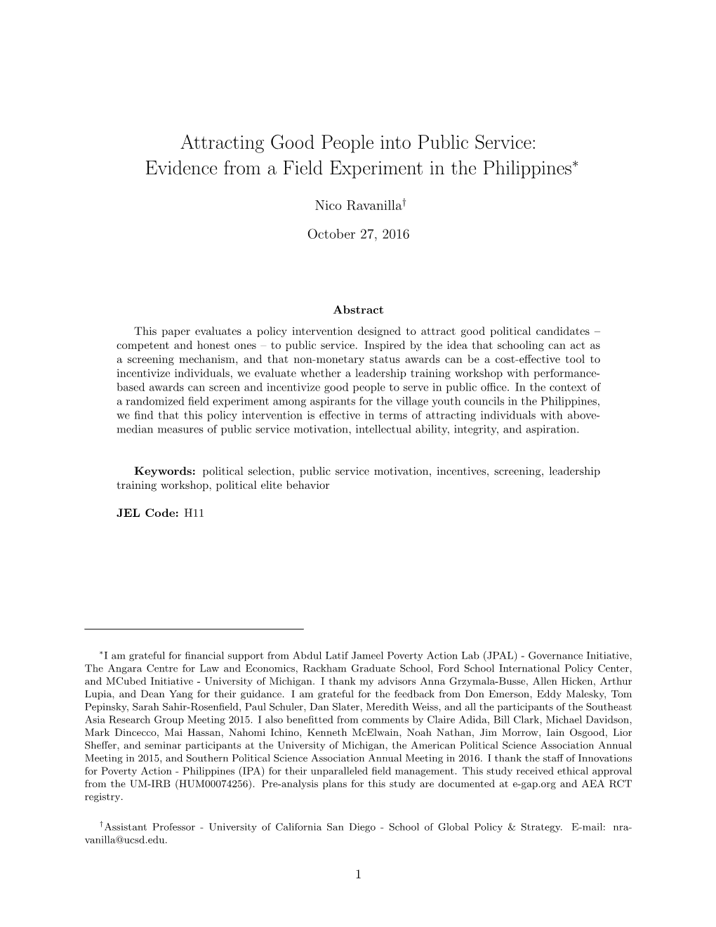 Attracting Good People Into Public Service: Evidence from a Field Experiment in the Philippines∗