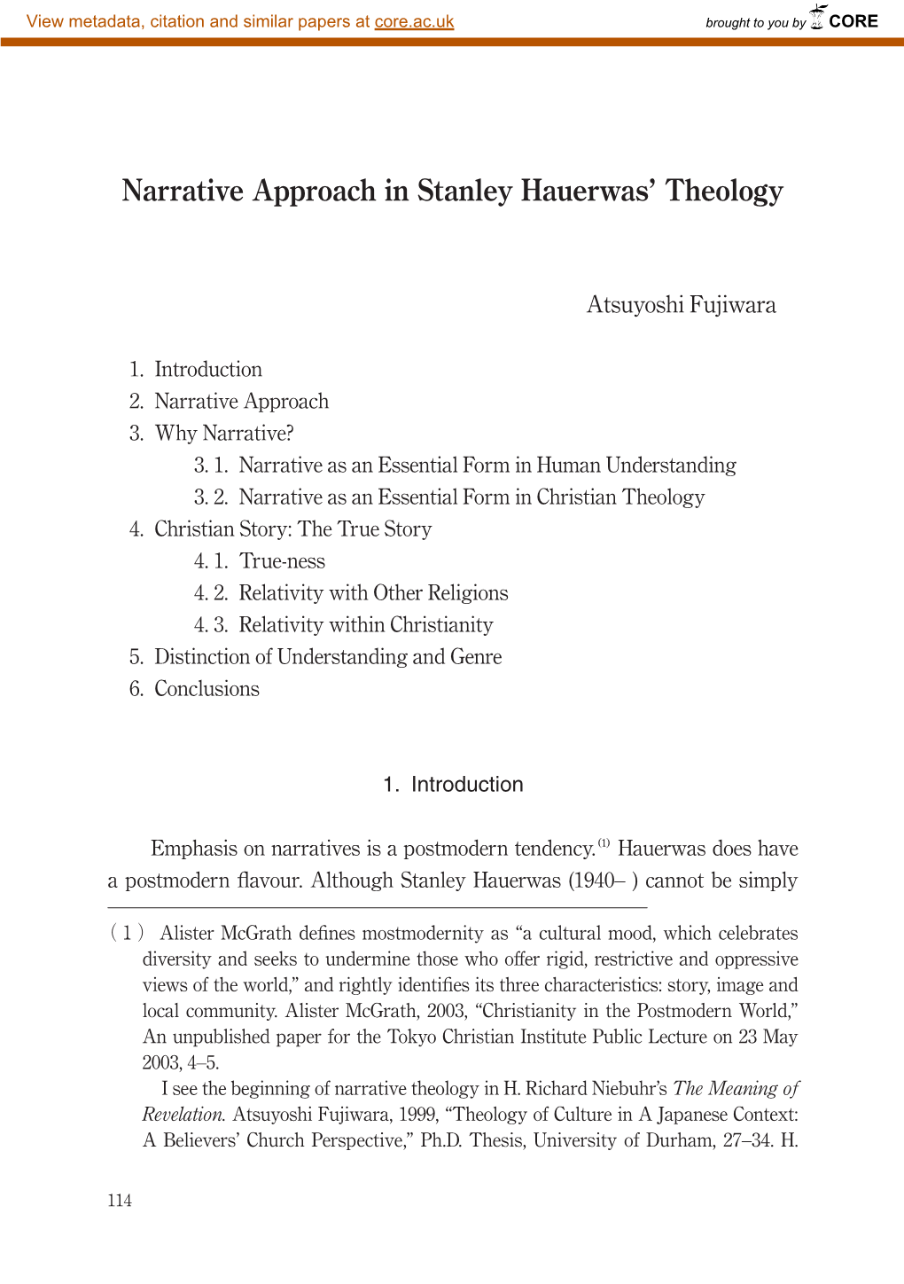 Narrative Approach in Stanley Hauerwas' Theology