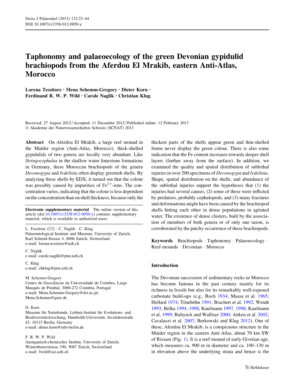 Taphonomy and Palaeoecology of the Green Devonian Gypidulid Brachiopods from the Aferdou El Mrakib, Eastern Anti-Atlas, Morocco