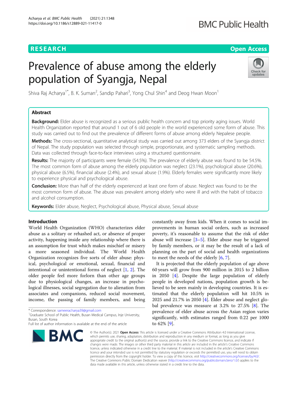 Prevalence of Abuse Among the Elderly Population of Syangja, Nepal Shiva Raj Acharya1*, B