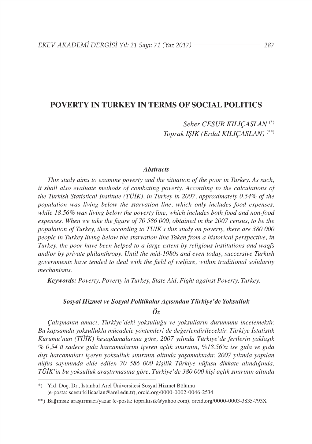 Poverty in Turkey in Terms of Social Politics