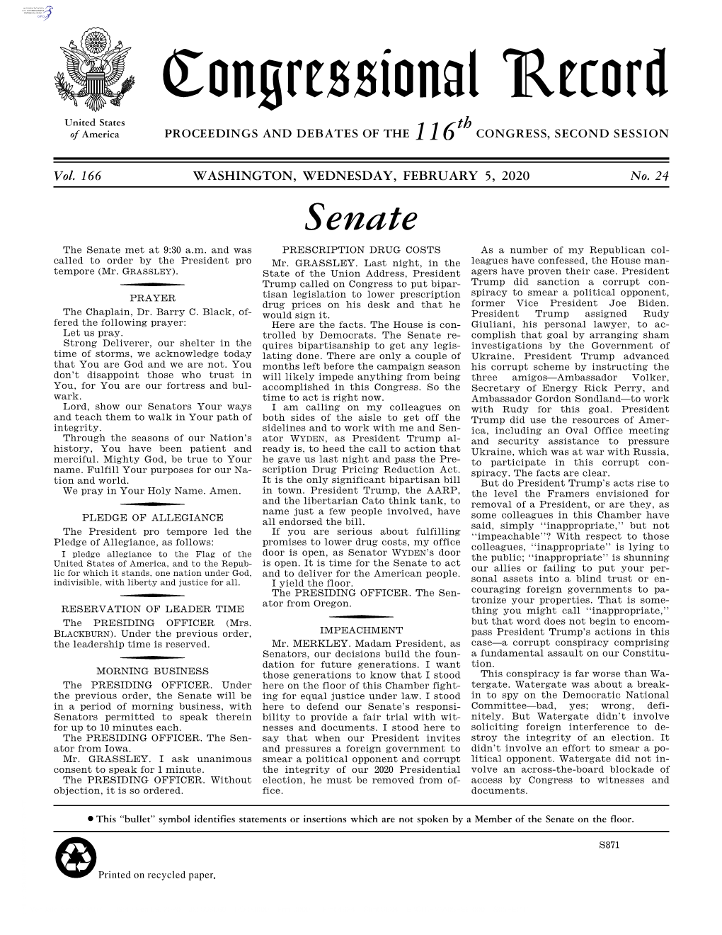 Congressional Record United States Th of America PROCEEDINGS and DEBATES of the 116 CONGRESS, SECOND SESSION