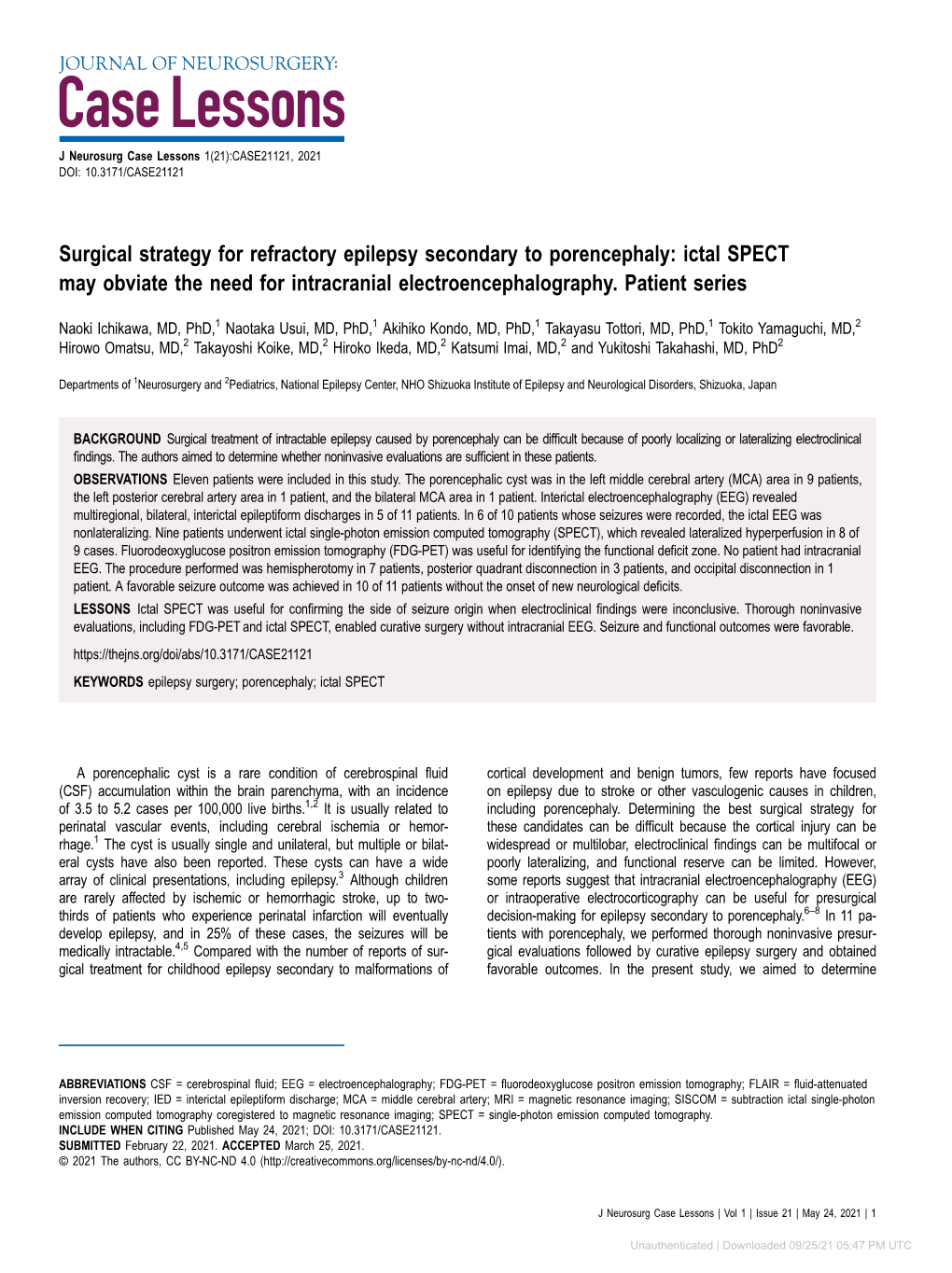 Surgical Strategy for Refractory Epilepsy Secondary to Porencephaly: Ictal SPECT May Obviate the Need for Intracranial Electroencephalography