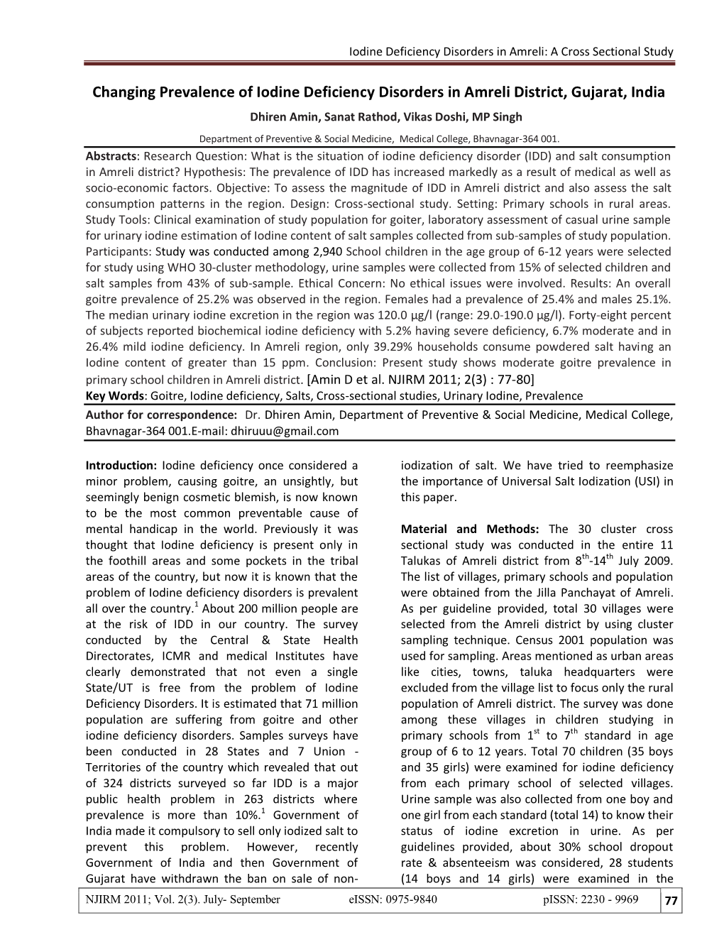 Changing Prevalence of Iodine Deficiency Disorders in Amreli District, Gujarat, India