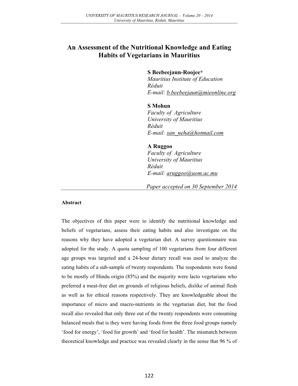 An Assessment of the Nutritional Knowledge and Eating Habits of Vegetarians in Mauritius