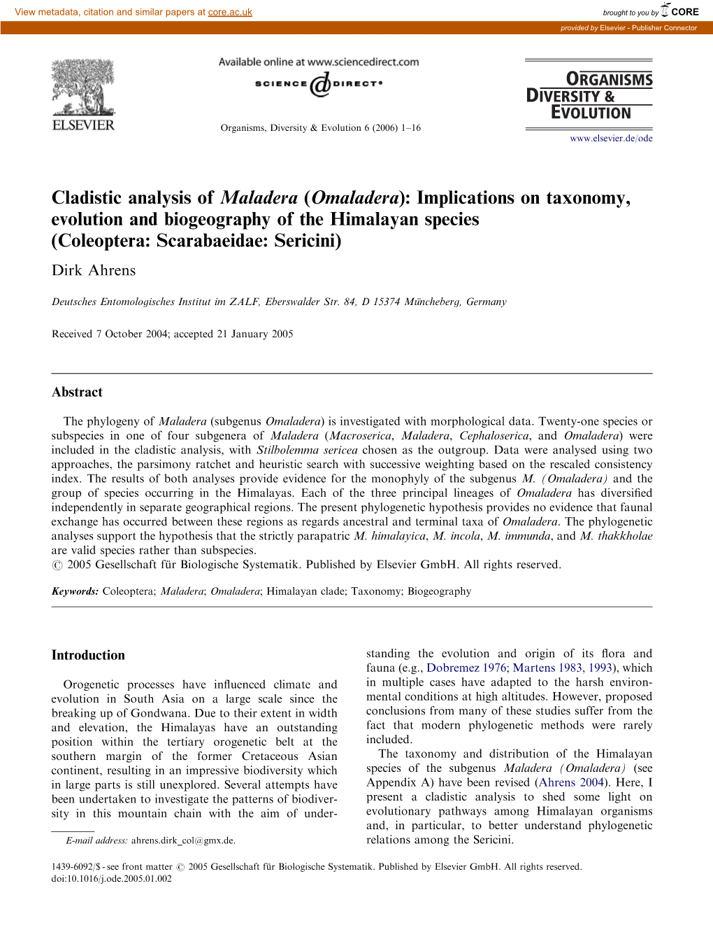 Cladistic Analysis of Maladera (Omaladera)