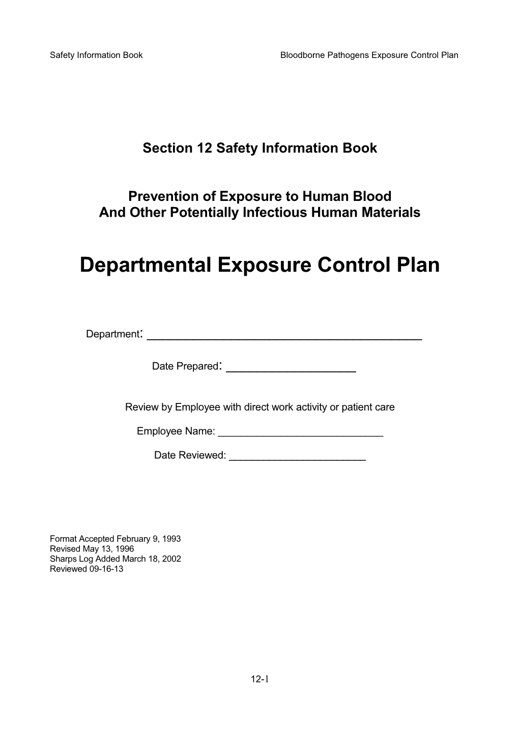 Safety Information Book Bloodborne Pathogens Exposure Control Plan