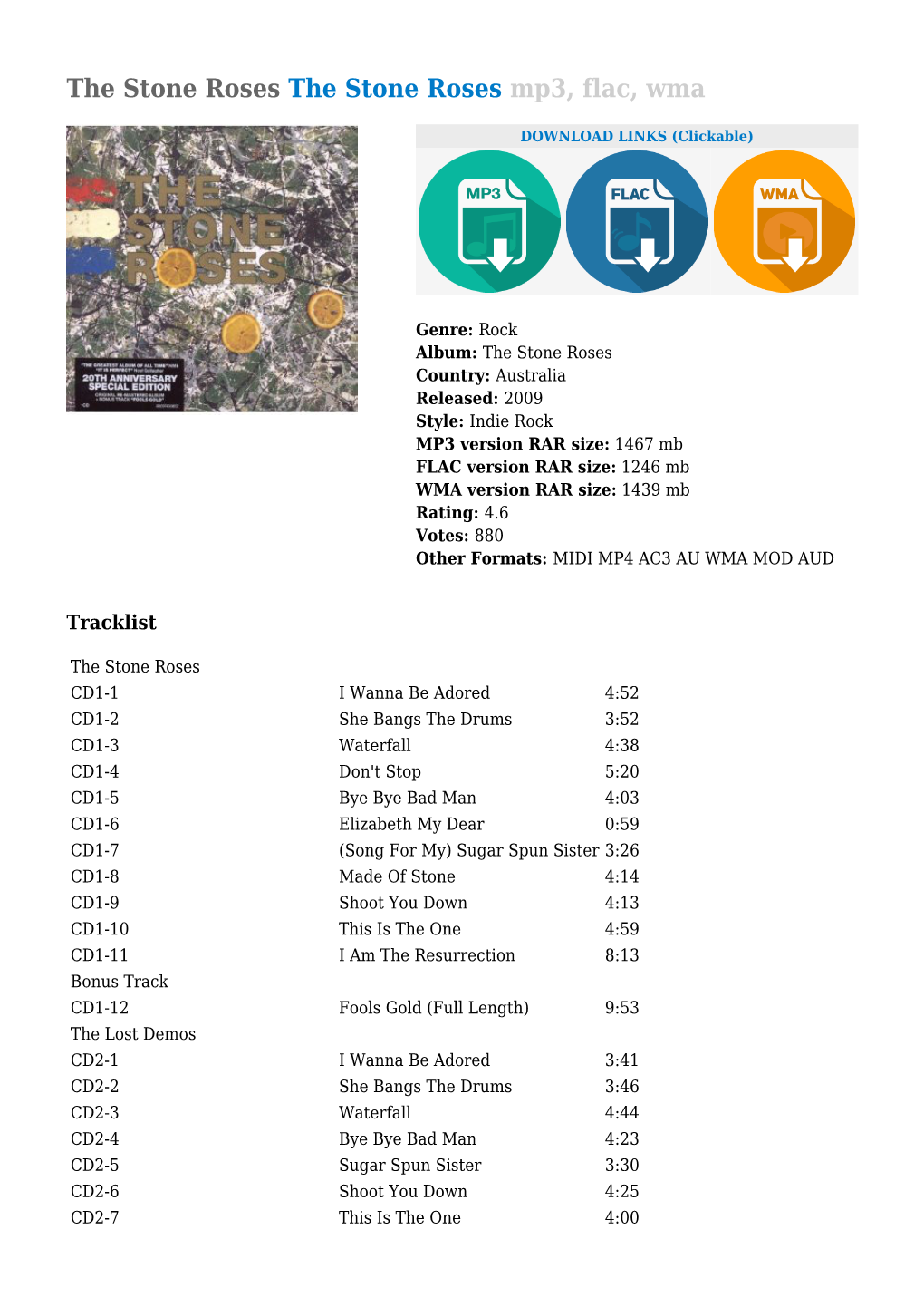 The Stone Roses the Stone Roses Mp3, Flac, Wma