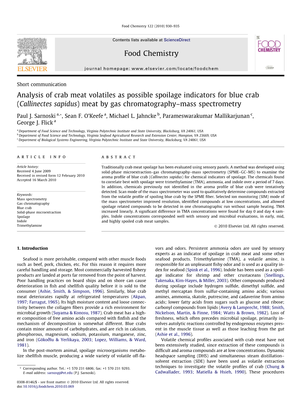 Analysis of Crab Meat Volatiles As Possible Spoilage Indicators for Blue Crab (Callinectes Sapidus) Meat by Gas Chromatography–Mass Spectrometry