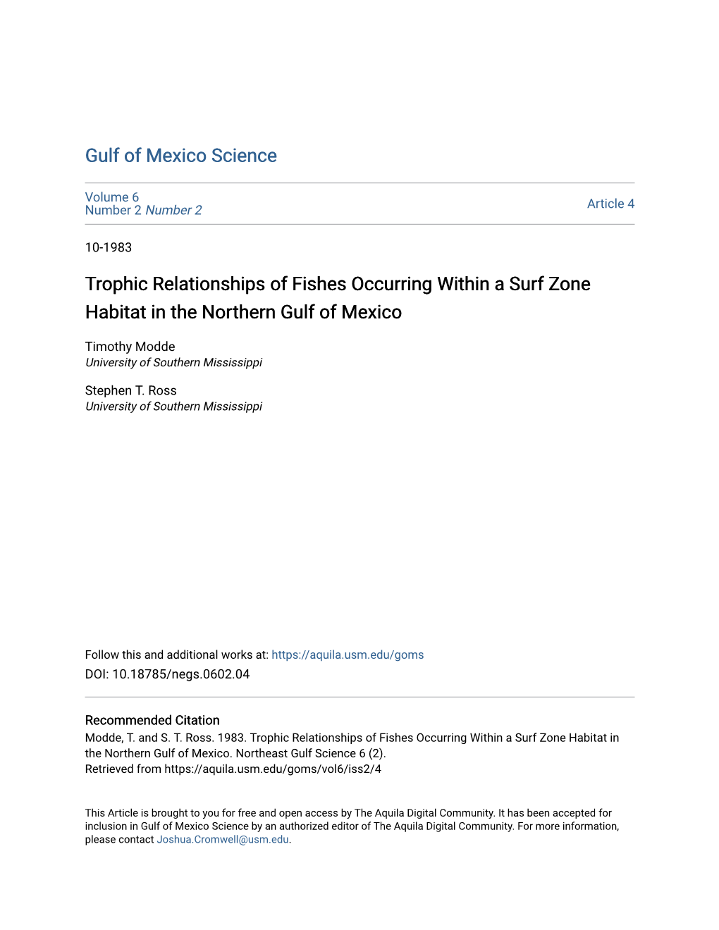 Trophic Relationships of Fishes Occurring Within a Surf Zone Habitat in the Northern Gulf of Mexico