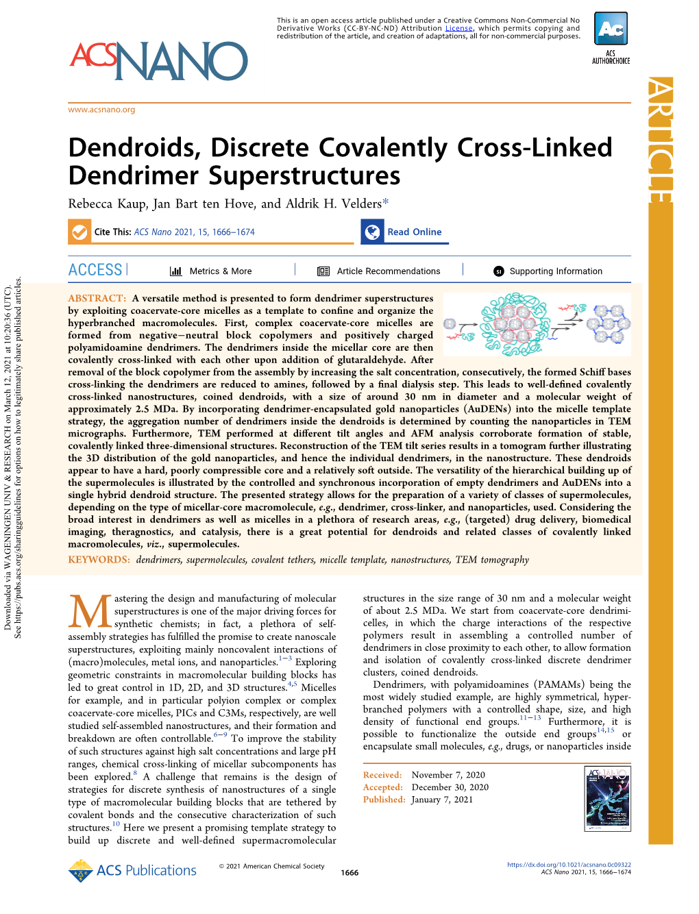 Dendroids, Discrete Covalently Cross-Linked Dendrimer Superstructures Rebecca Kaup, Jan Bart Ten Hove, and Aldrik H