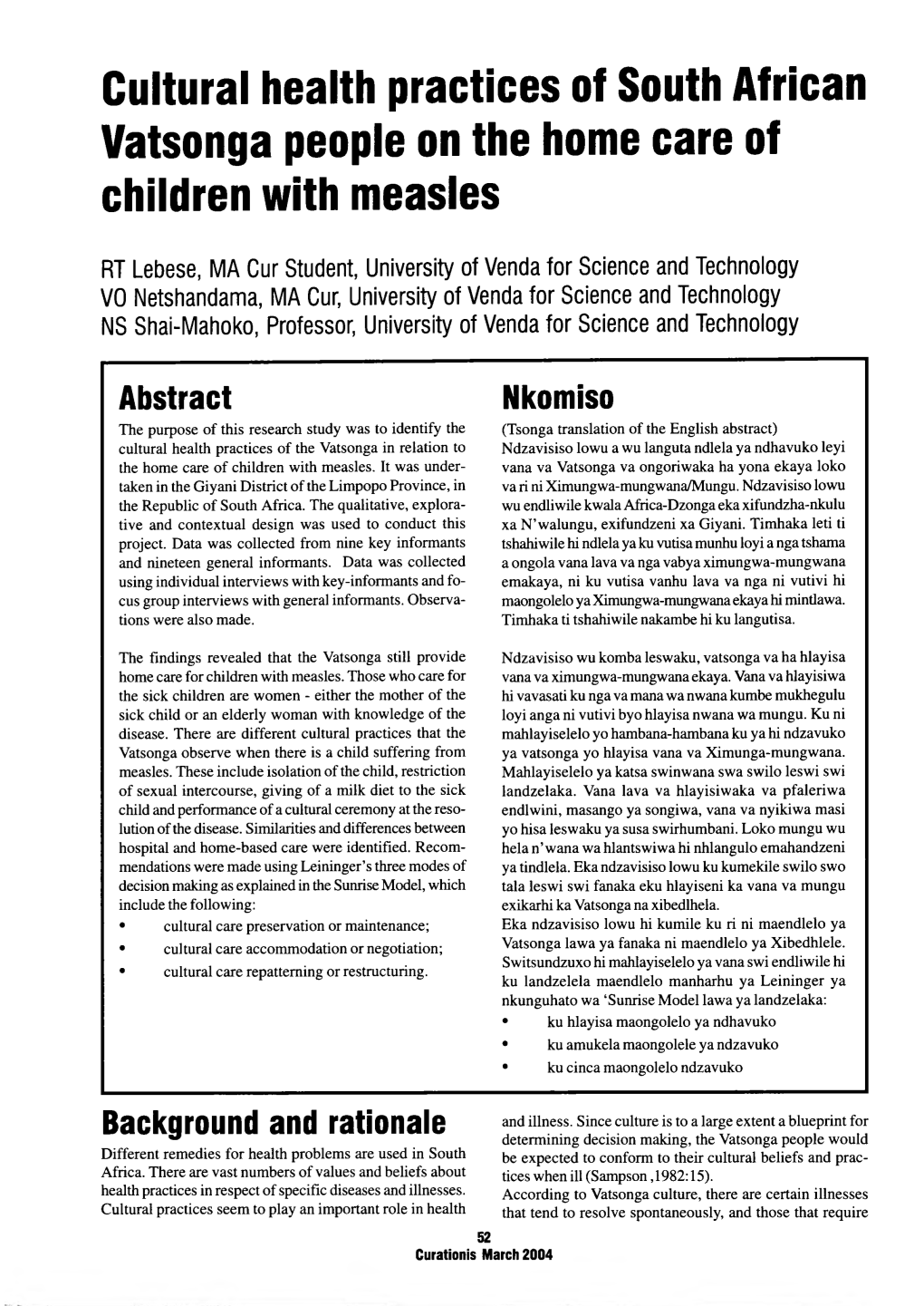 Cultural Health Practices of South African Vatsonga People on the Home Care of Children with Measles