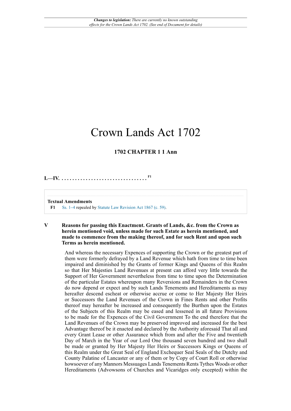 Crown Lands Act 1702