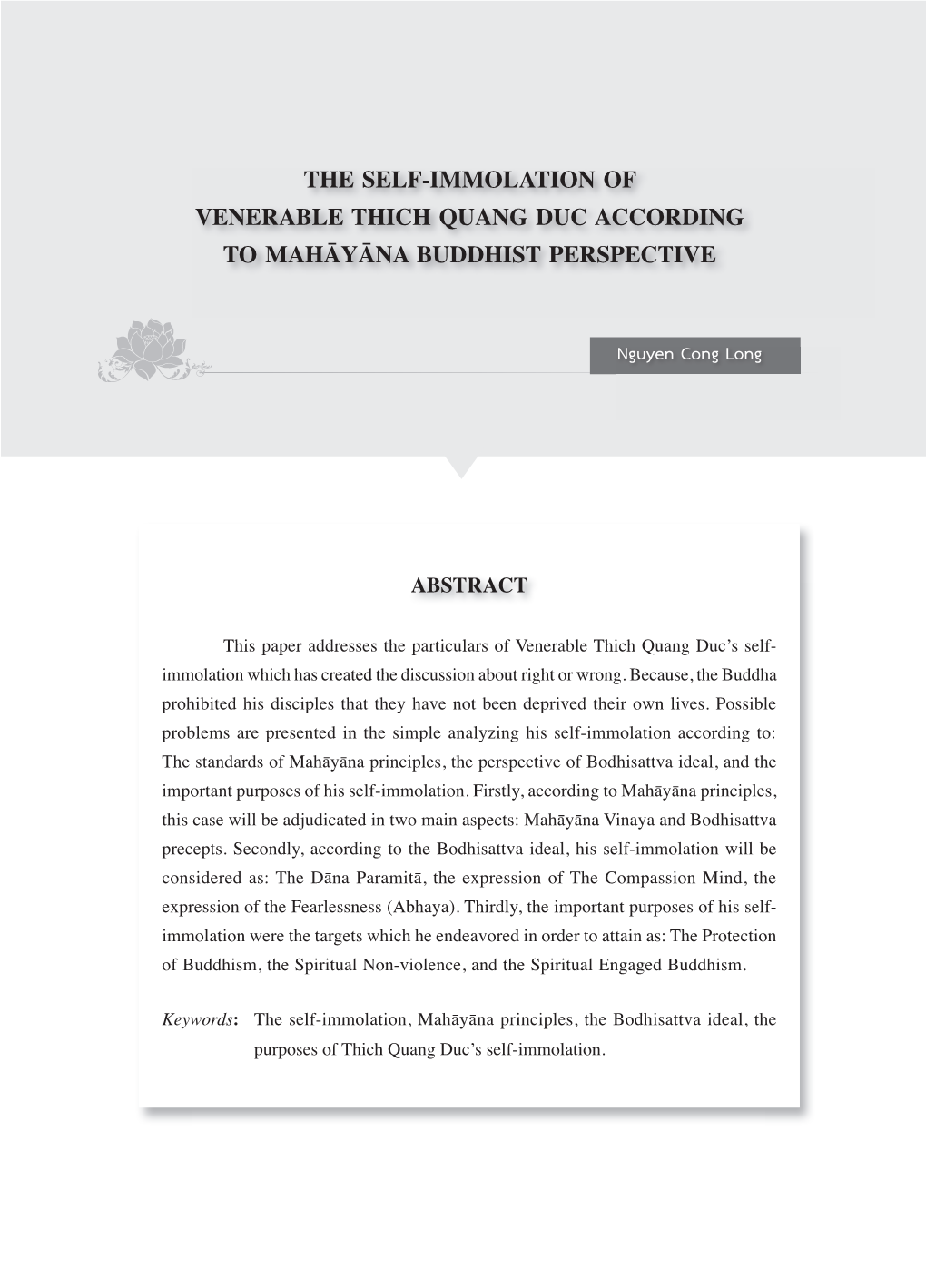 The Self-Immolation of Venerable Thich Quang Duc According to Mahāyāna Buddhist Perspective