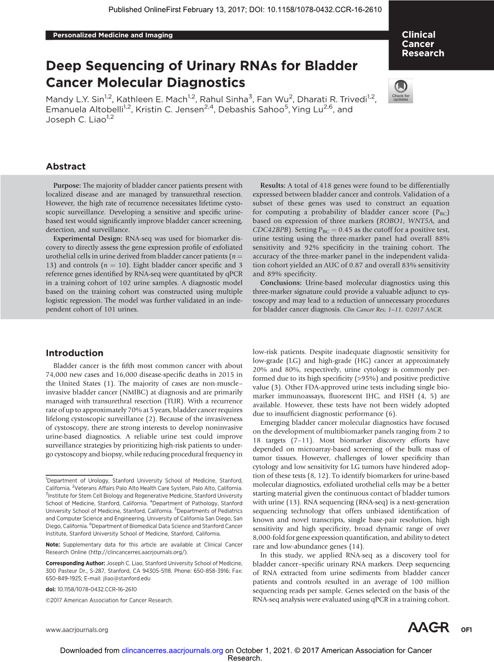 Deep Sequencing of Urinary Rnas for Bladder Cancer Molecular Diagnostics Mandy L.Y