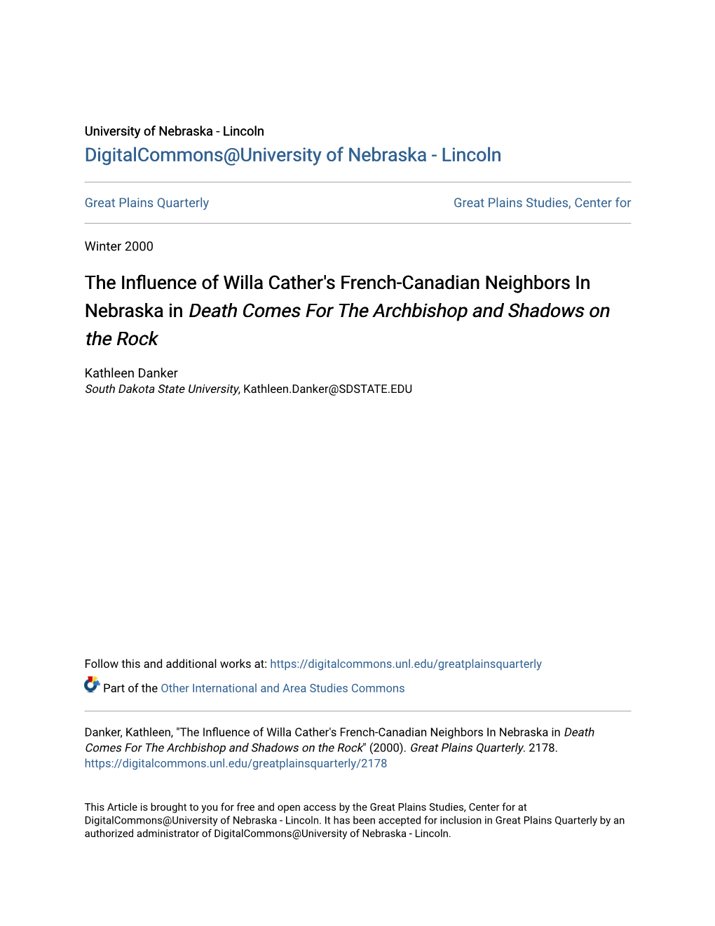 The Influence of Willa Cather's French-Canadian Neighbors in Nebraska in Death Comes for the Archbishop and Shadows on the Rock