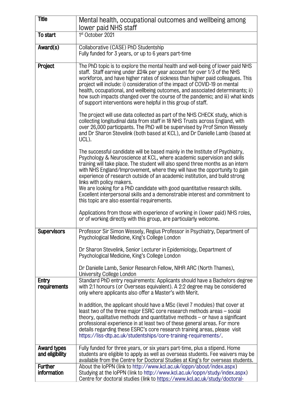 Mental Health, Occupational Outcomes and Wellbeing Among Lower Paid NHS Staff to Start 1St October 2021