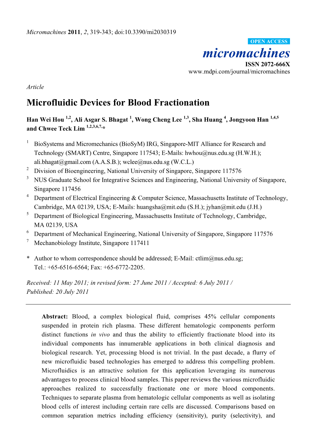 Microfluidic Devices for Blood Fractionation